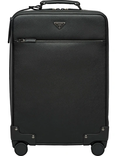 Shop Prada Saffiano Leather Wheeled Carry-on In Black