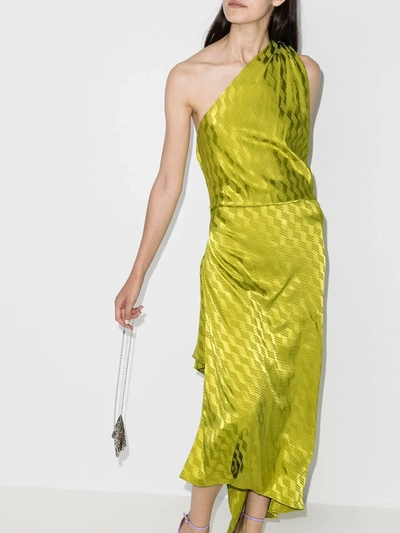 Shop Attico One-shoulder Asymmetric High-slit Dress In Green
