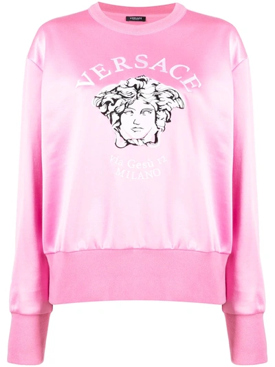 Shop Versace Embroidered Medusa Crew Neck Sweatshirt In Pink
