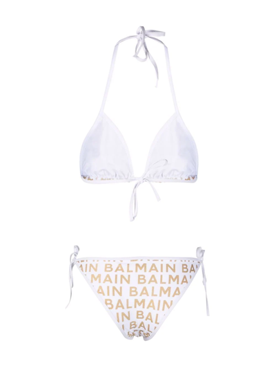 Balmain Logo Triangle Two-piece String Bikini Set In White