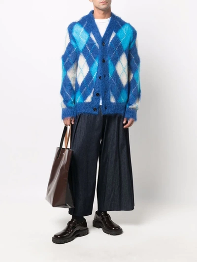 Shop Marni Brushed Argyle-knit Cardigan In Blau