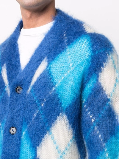 Shop Marni Brushed Argyle-knit Cardigan In Blau