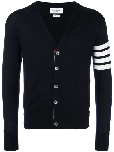 Thom Browne V-neck Cardigan In Fine Merino Wool With Distinctive Stripes In Blue