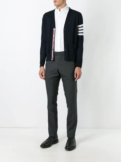 Thom Browne V-neck Cardigan In Fine Merino Wool With Distinctive Stripes In Blue