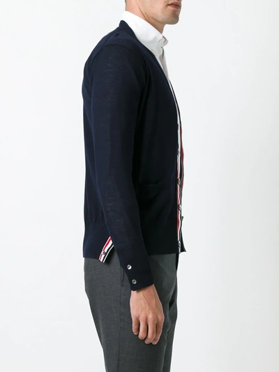 Thom Browne V-neck Cardigan In Fine Merino Wool With Distinctive Stripes In Blue