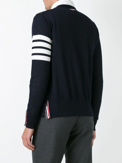 Thom Browne V-neck Cardigan In Fine Merino Wool With Distinctive Stripes In Blue