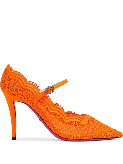 Shop Gucci Orange Virginia 95 Lace Pumps In Yellow