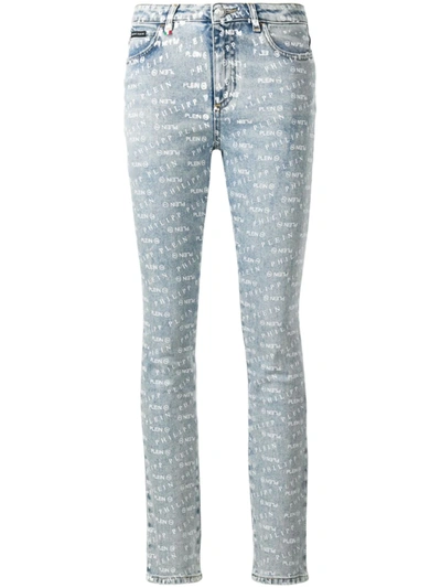 Shop Philipp Plein Logo Print Skinny Jeans In Blue