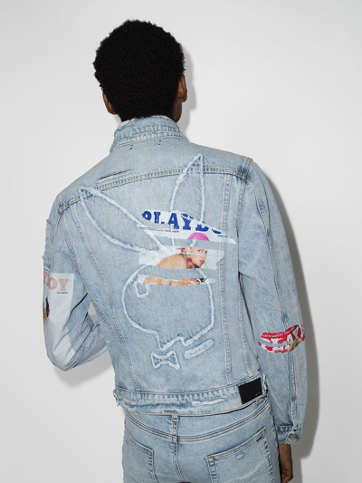 Shop Amiri X Playboy Distressed-finish Denim Jacket In Blau