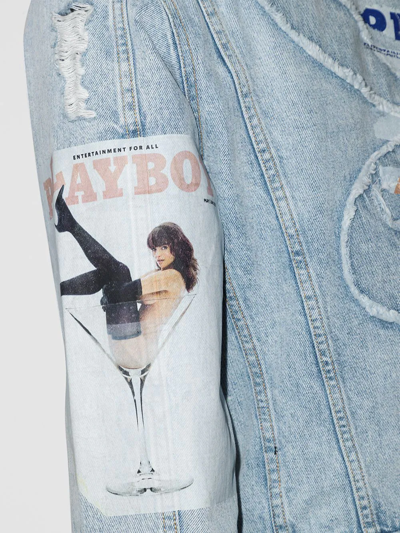 Shop Amiri X Playboy Distressed-finish Denim Jacket In Blau