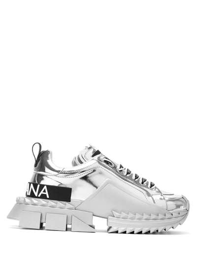 Dolce & Gabbana Mirrored Calfskin Super Queen Sneakers In Silver | ModeSens