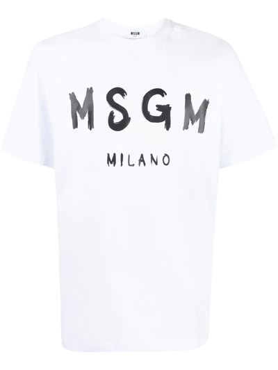 Shop Msgm Brushed Logo-print Cotton T-shirt In White