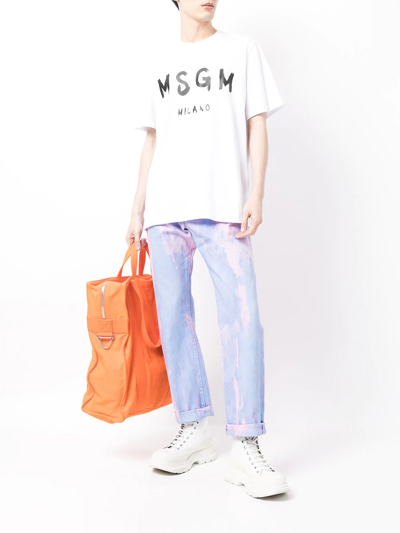 Shop Msgm Brushed Logo-print Cotton T-shirt In White