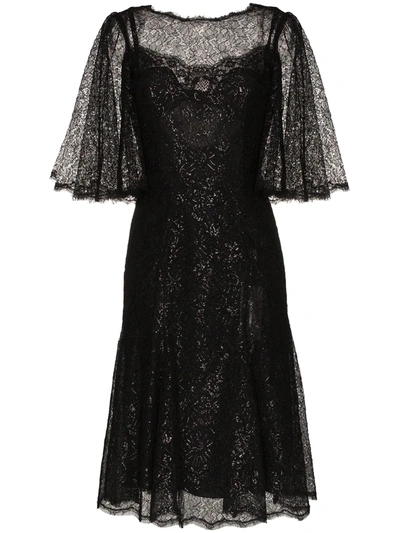 Shop Dolce & Gabbana Draped Metallic Corded Lace Midi Dress In Black
