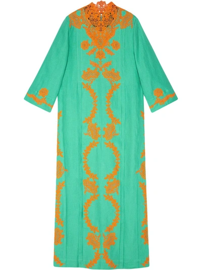 Shop Gucci Long Lace Kaftan Dress In Green