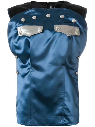 Calvin Klein 205w39nyc Sleeveless Bicolor Satin Blouse With Policeman Patch In Blue