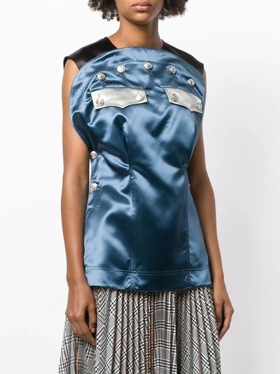 Calvin Klein 205w39nyc Sleeveless Bicolor Satin Blouse With Policeman Patch In Blue
