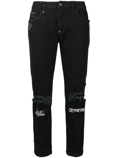 Shop Philipp Plein Distressed Cropped Jeans In Black