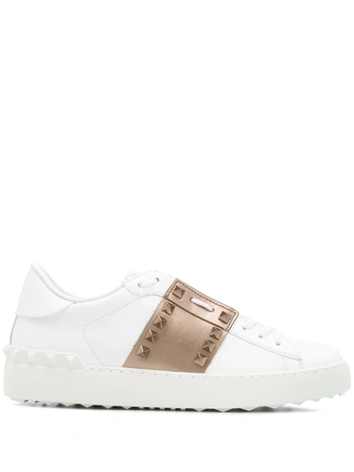 Shop Valentino Rockstud Leather Sneakers In White