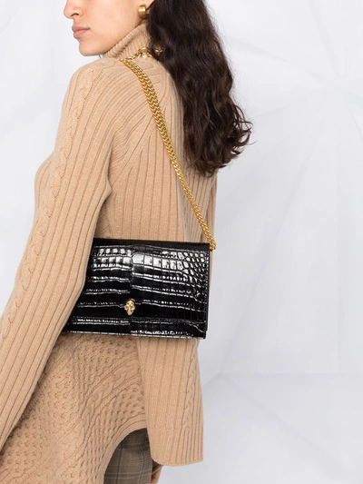 Alexander Mcqueen Skull Small Embossed Croc Leather Crossbody Bag In Black