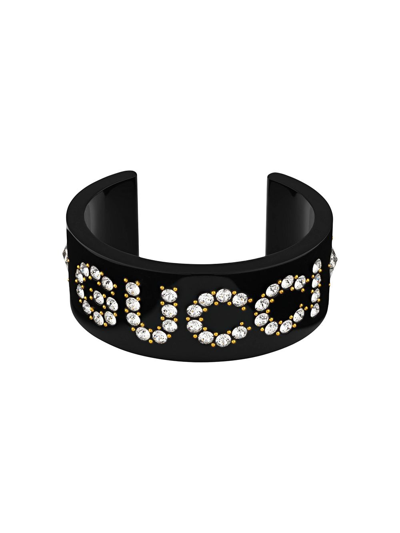 Shop Gucci Crystal Detailed Cuff Bracelet In Black