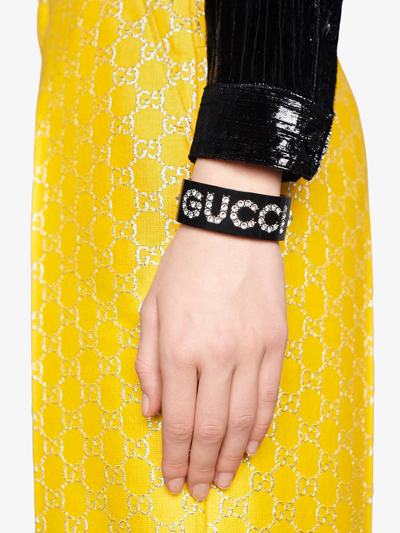 Shop Gucci Crystal Detailed Cuff Bracelet In Black