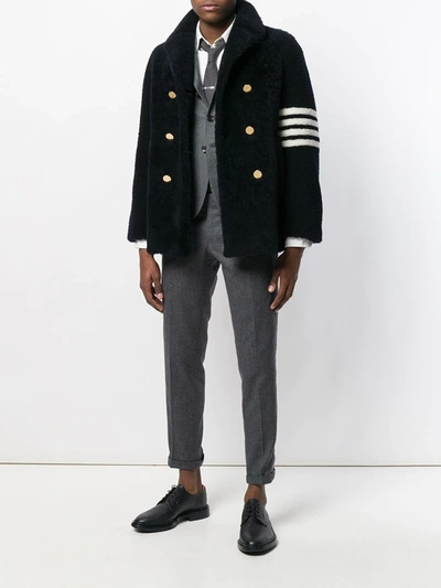Shop Thom Browne Unconstructed Classic Shearling Peacoat In Blue