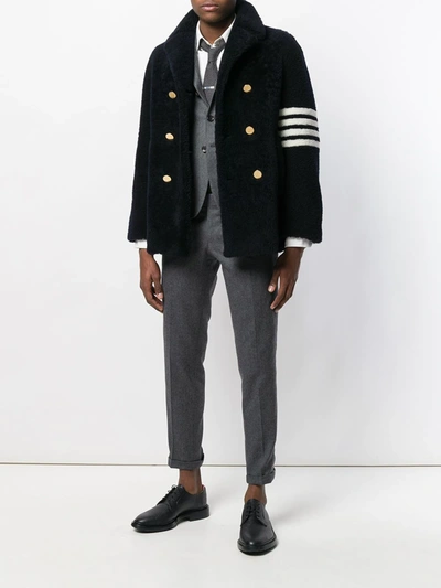 Thom Browne Unconstructed Classic Shearling Peacoat In Blue