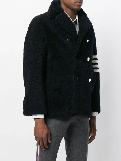 Thom Browne Unconstructed Classic Shearling Peacoat In Blue