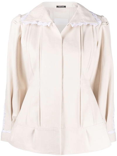 Shop Maison Margiela Lace-trim Pleat-detail Fitted Jacket In Nude