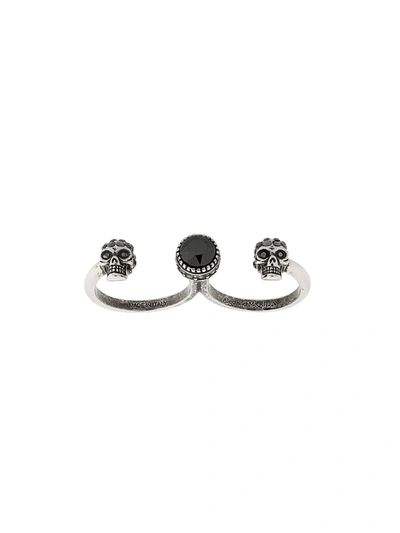 Shop Alexander Mcqueen Skull Double Finger Ring In Silver