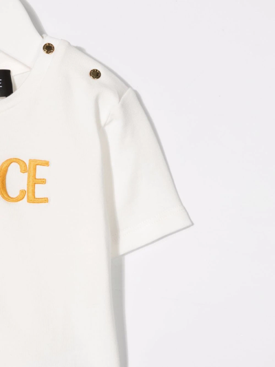 Shop Versace Embroidered Logo Stretch-cotton T-shirt In White