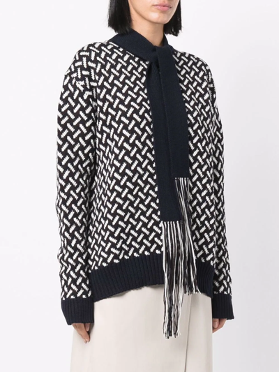 Jil Sander Fringed Tie-neck Intarsia Wool Sweater In 蓝色