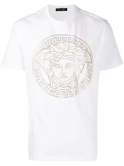 Shop Versace Medusa Motif Studded T-shirt In White