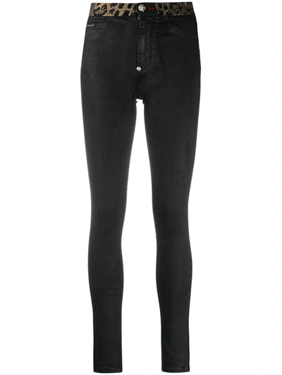 Shop Philipp Plein Leopard-trimmed Skinny Jeans In Black