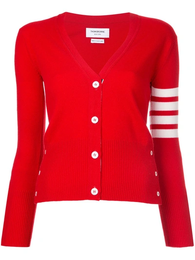 Shop Thom Browne Classic V-neck Cardigan In White 4-bar Stripe In Cashmere In Red