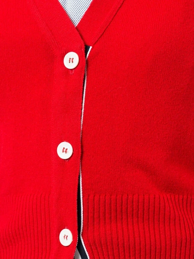 Shop Thom Browne Classic V-neck Cardigan In White 4-bar Stripe In Cashmere In Red