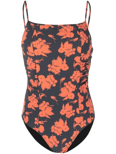 Shop Ganni Floral-print Swimsuit In Orange