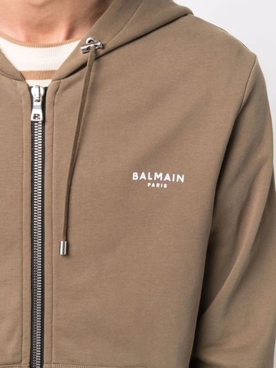 Shop Balmain Embroidered-logo Organic Cotton Hoodie In Brown