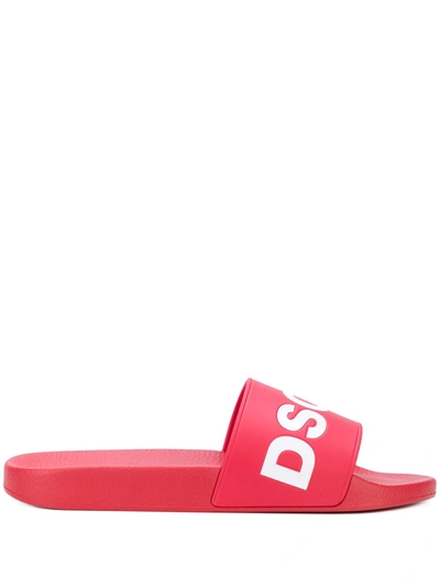 Shop Dsquared2 Textured Logo Print Slides In Red