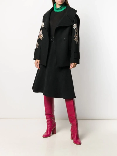Shop Valentino Floral Embroidered Patch Sleeve Coat In Black
