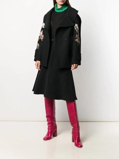 Valentino Floral Embroidered Double Breasted Wool Peacoat In Black