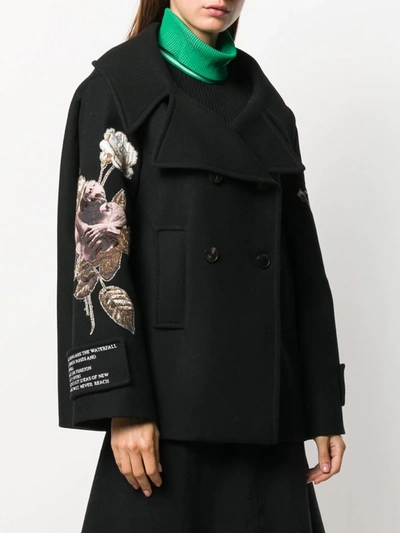 Valentino Floral Embroidered Double Breasted Wool Peacoat In Black