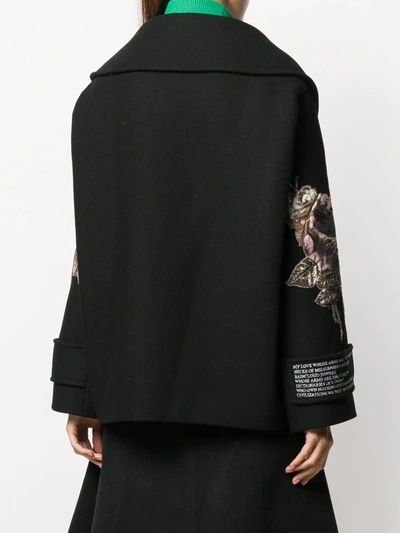 Shop Valentino Floral Embroidered Patch Sleeve Coat In Black