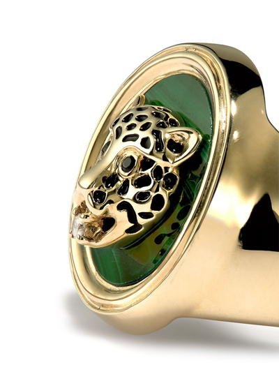 Yvonne Léon 9k Yellow Gold Leopard Malachite Diamond Signet Ring In Gold
