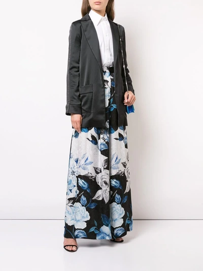 Off-white Pleated Silk Floral Wide-leg Pants In Black