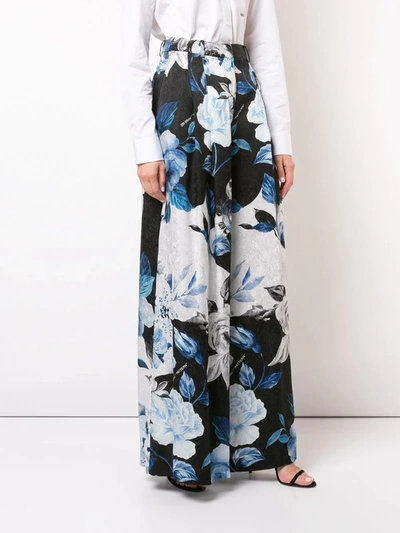 Off-white Pleated Silk Floral Wide-leg Pants In Black