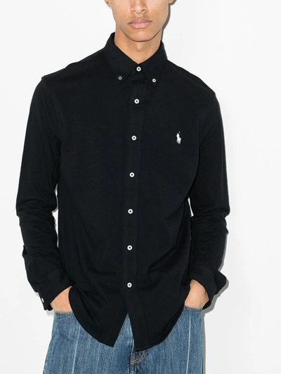 Polo Ralph Lauren Black Shirt With Button-down Collar And Pony Embroidery On The Front In Blue
