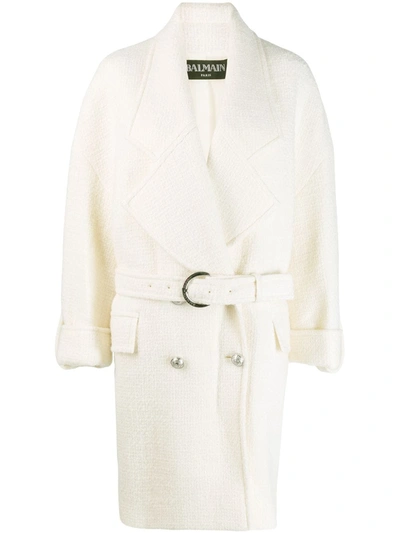 Shop Balmain Double-breasted Knitted Coat In White