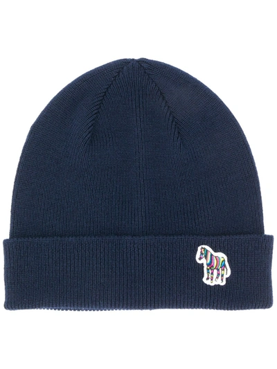 Ps By Paul Smith Zebra Logo Beanie In Black In Blue